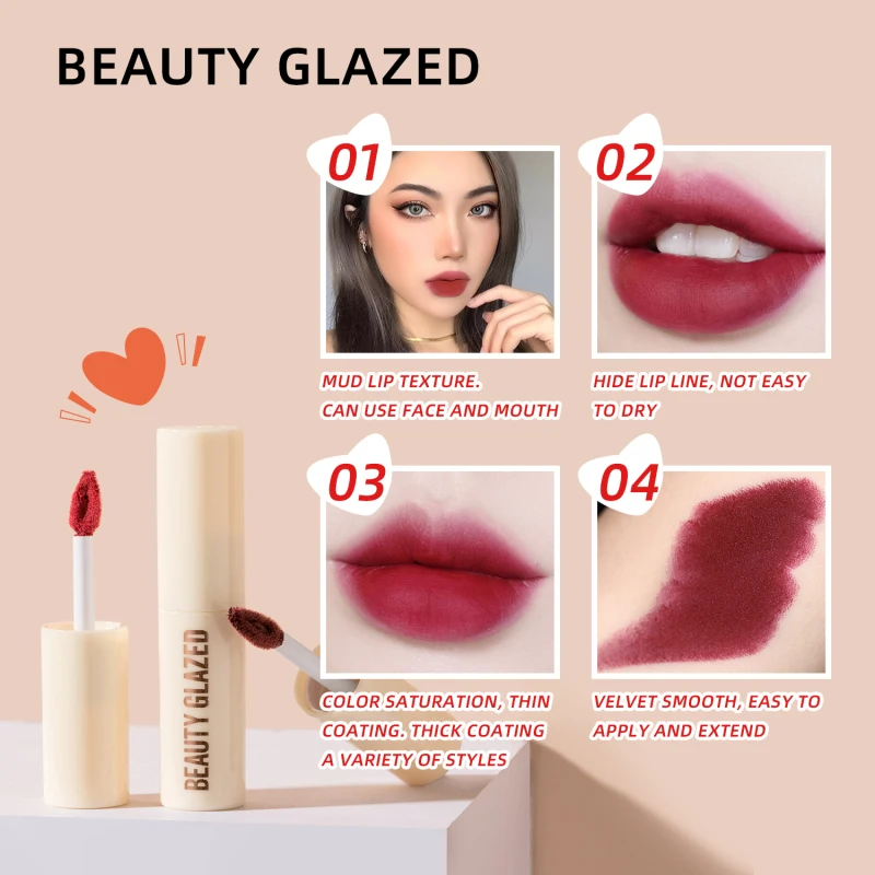 

BEAUTY GLAZED Lip Gloss Chocolate Matte Lip Glaze Velvet Waterproof Lipstick Makeup Smooth Lasting Cosmetics Maquillaje TSLM1