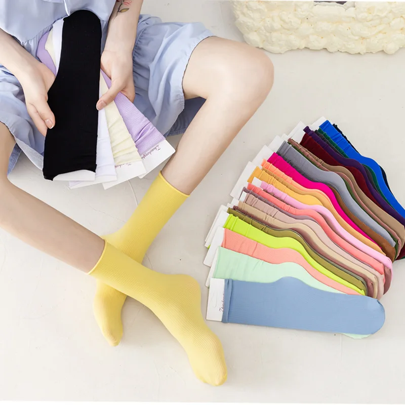 

Solid color women's socks thin ice socks summer tube velvet day stack socks breathable candy socks wholesale