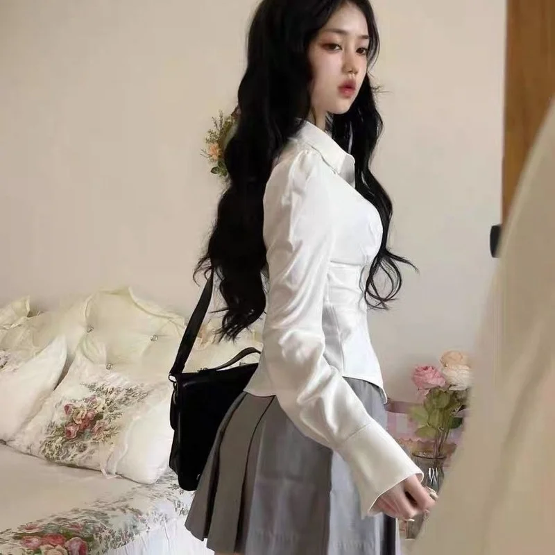 Deeptown Sexy White Women Blouses Tunics Korean Fashion Shirt Chic Harajuku Preppy Elegant Female Japanese Style Casual JK Slim