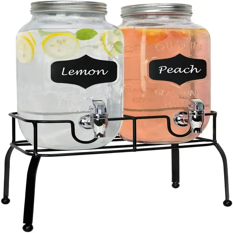 

Gallon Double Glass Mason Jar Dispenser on Metal Stand with Spigot and Embossed Chalkboard and Chalk | Two Glass Pitchers with S