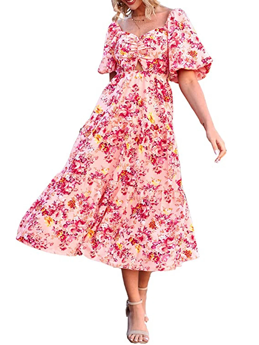 

Domingbub - Vestido largo casual de verano para mujer de ajuste holgado manga corta hinchada estampado floral ahuecado
