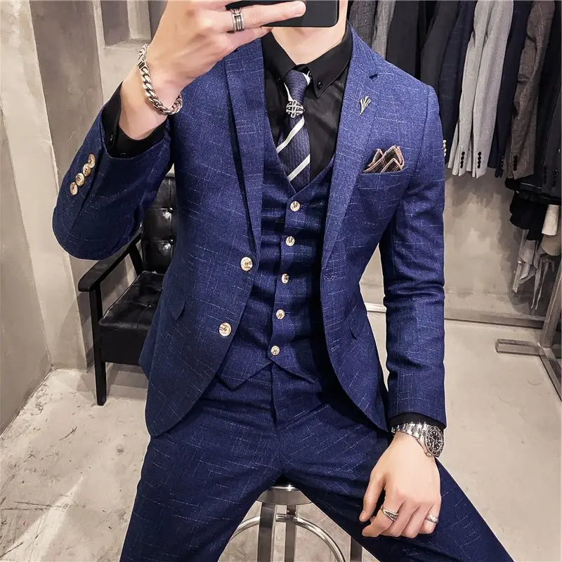 

7XL ( Jacket + Vest + Pants ) High-end Fashion Classic Plaid Men's Formal Business Suit 3Pces Set Groom Wedding Dress Prom Party