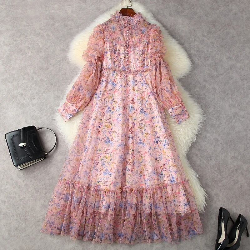 

2022 New Long Sleeve Lantern Sleeve Stand Collar Fashionable Printed Pleated Dress European and American Women's Wear Spring