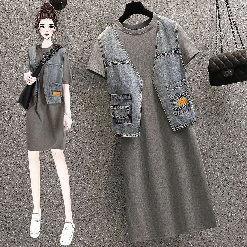

COIGARSAM Women's Summer Dress 2022 New Patchwork Short Sleeve Gray Dresses Dropshipping