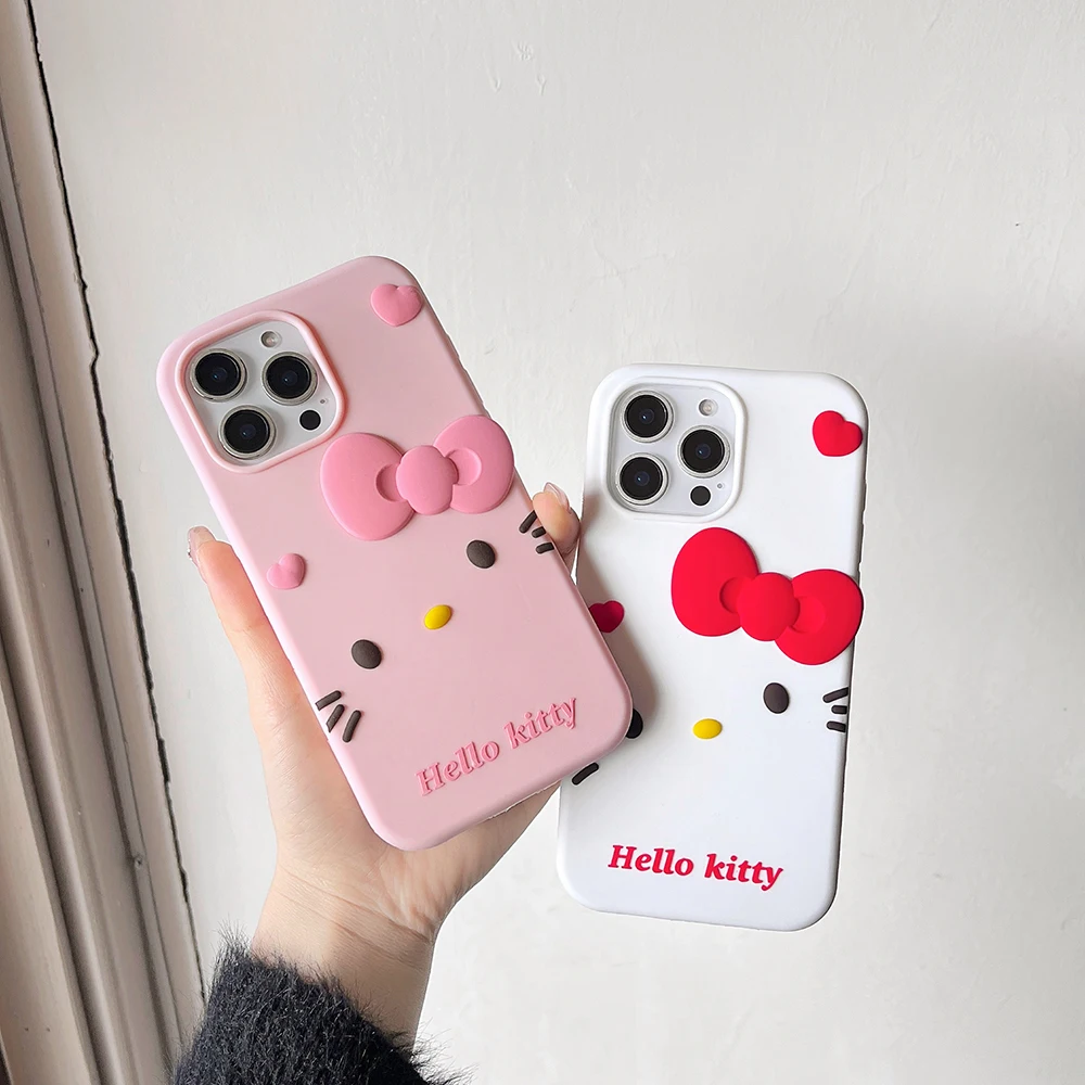 Милый чехол с бантиком и котом Hello Kitty 3D Cartoon KT для iPhone 16 15 14 Plus 13 12 Pro Max мягкий