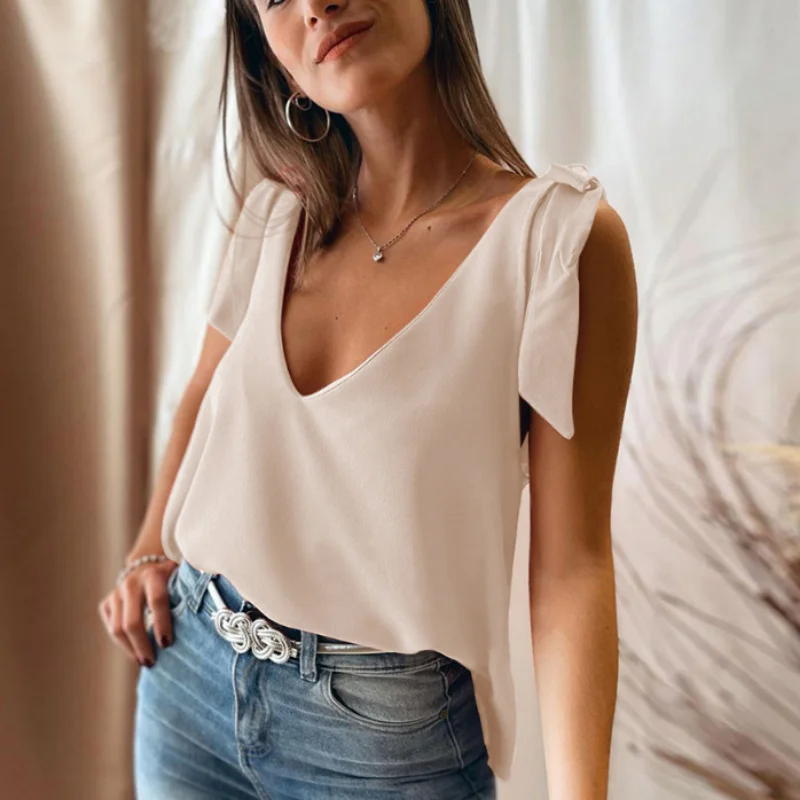 Женская шелковая блузка без рукавов с V-образным вырезом и открытой спиной