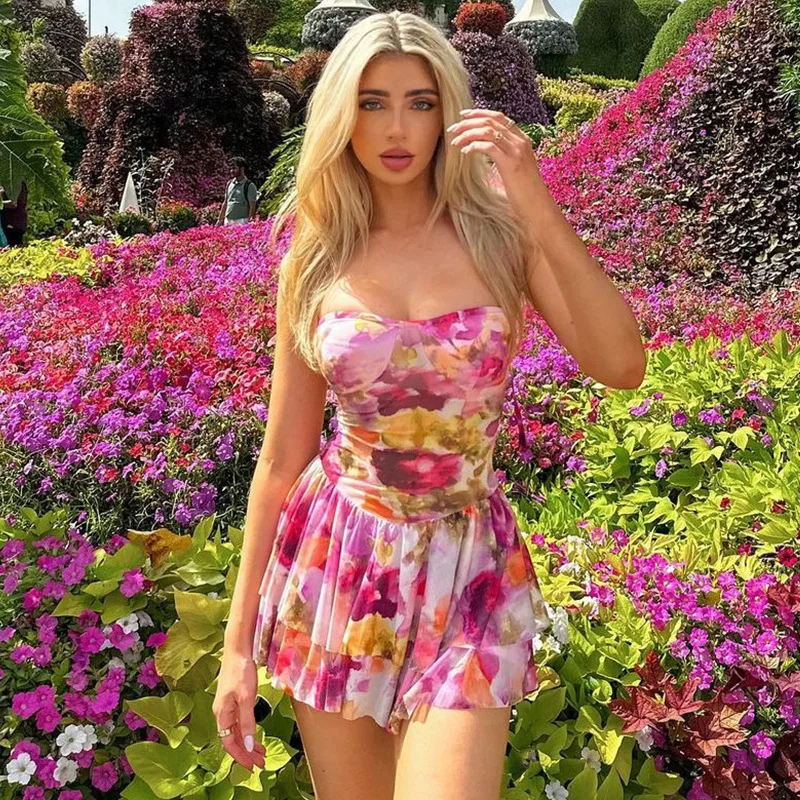 

Female Summer Red Dresses Women Skirt Blue New Fashion Sexy Backless Lace-up Bustier Printed Sleeveless Dress for Women 2023