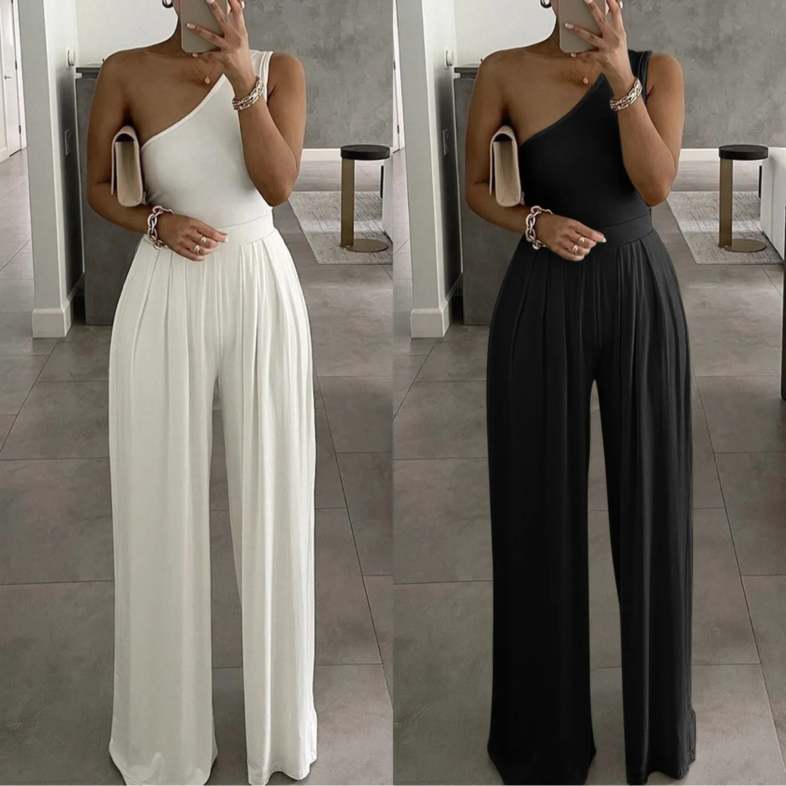 

2022 Sexy Women One Shoulder Solid Jumpsuit Spring Elegant Wide Leg Pants Playsuit Summer Sleeveless Loose Beach Overalls Romper