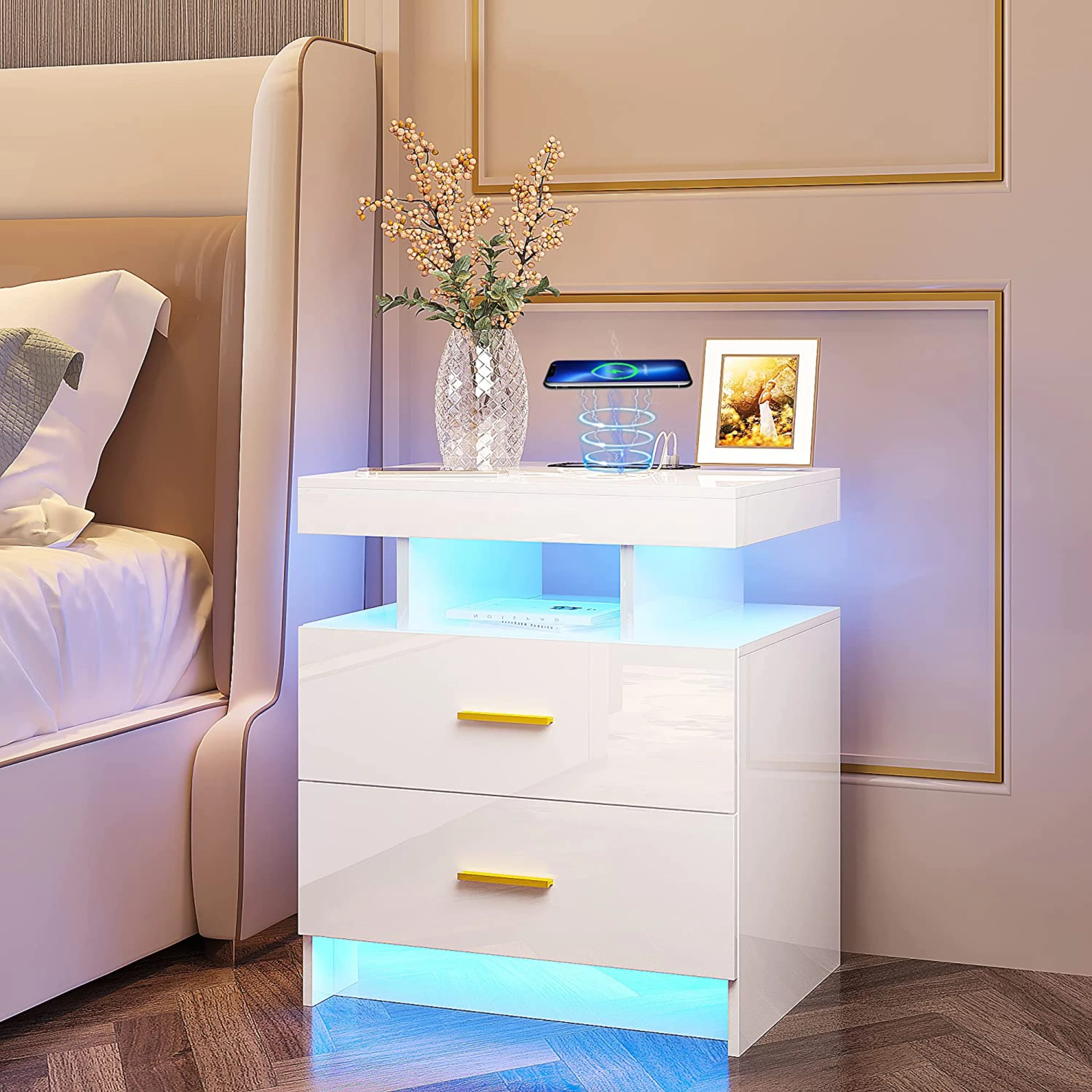 

Auto LED Nightstand with Wireless Charging Station & USB Ports,High Gloss Bedside Tables with 2 Drawers,Floating Nightstand