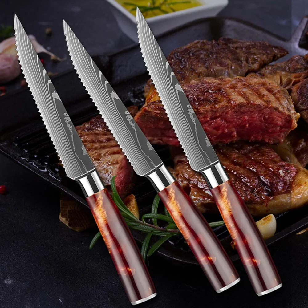 

Damascus Stainless Steel Steak Knife Meat Cleaver Slicing Knife Dining Kitchen Knife Sharp Blade Outdoor BBQ Picnic Meat Knives