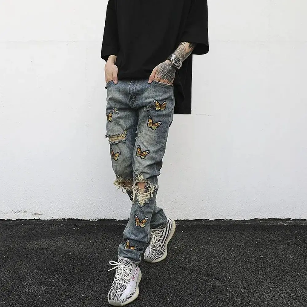 Jeans Men Embroidery Ripped Holes Straight High Street Straight Retro Punk Pants Fashio Hip Hop Streetwear Harajuku Butterfly