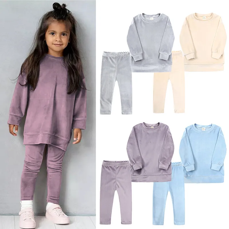 

Модный осенний комплект одежды для маленьких мальчиков и девочек, комплект одежды для девочек с золотым бархатным покрытием, детский спортивный свитшот и штаны, костюмы из 2 предметов, наряды