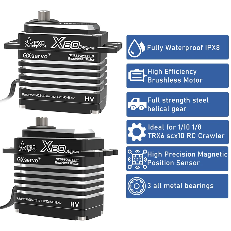 Фото Цифровые бесщеточные сервоприводы IPX8 80 кг, 180/270 градусов, цельнометаллические, для радиоуправляемых моделей №3