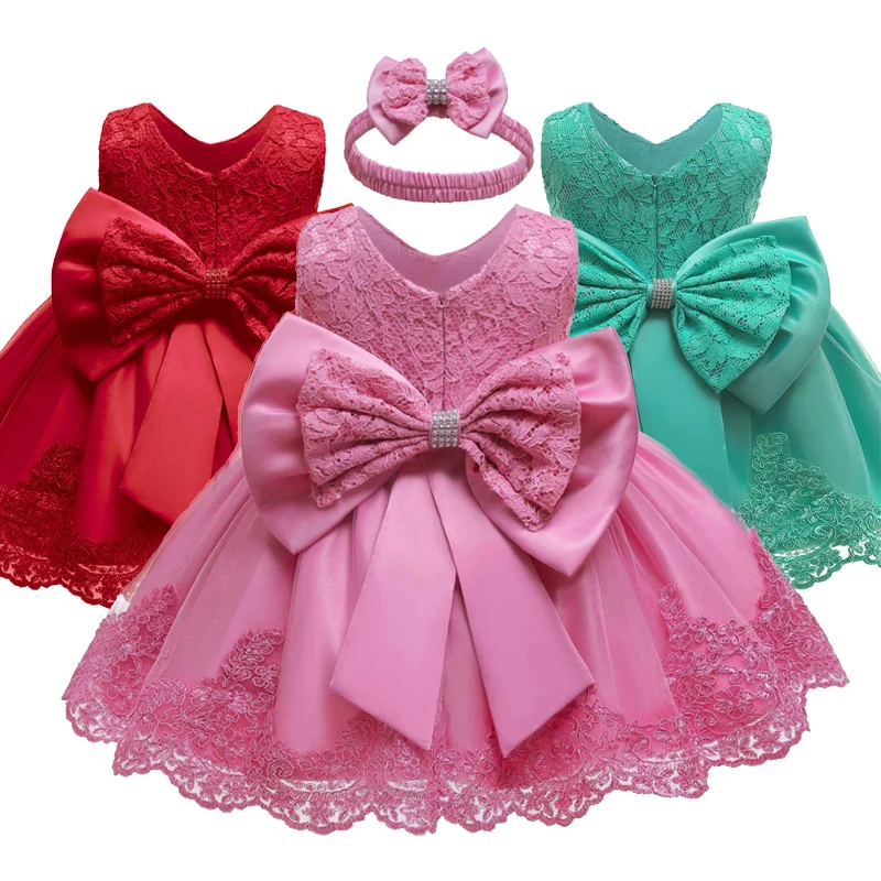 

Baby Girl Lace Bow Princess Dress Elegant Children Clothes Tulle Gown Kids Dress + Headband for Girls Birthday Wedding Evening