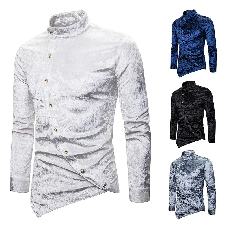 Personalized Diagonal Button Diamond Velvet Shirt Irregular Multicolor Henry Collar Shirt High-end Long-sleeved Shirt 2022 New
