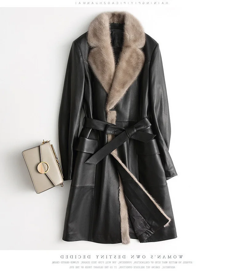 

2023 Leather coat,Luxury Genuine Leather Jacket Long Women Winter Down Coats Mink Fur Collar Real Sheepskin Coat Female Jackets