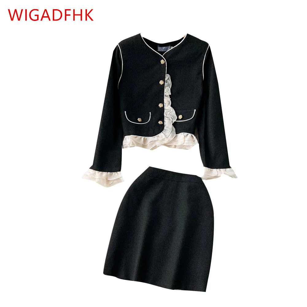 

2022 Autumn And Winter Retro Tweed Fashion Suit Female Ruffled Long-sleeved Short Top + High Waist A-line Skirt Two-piece Set