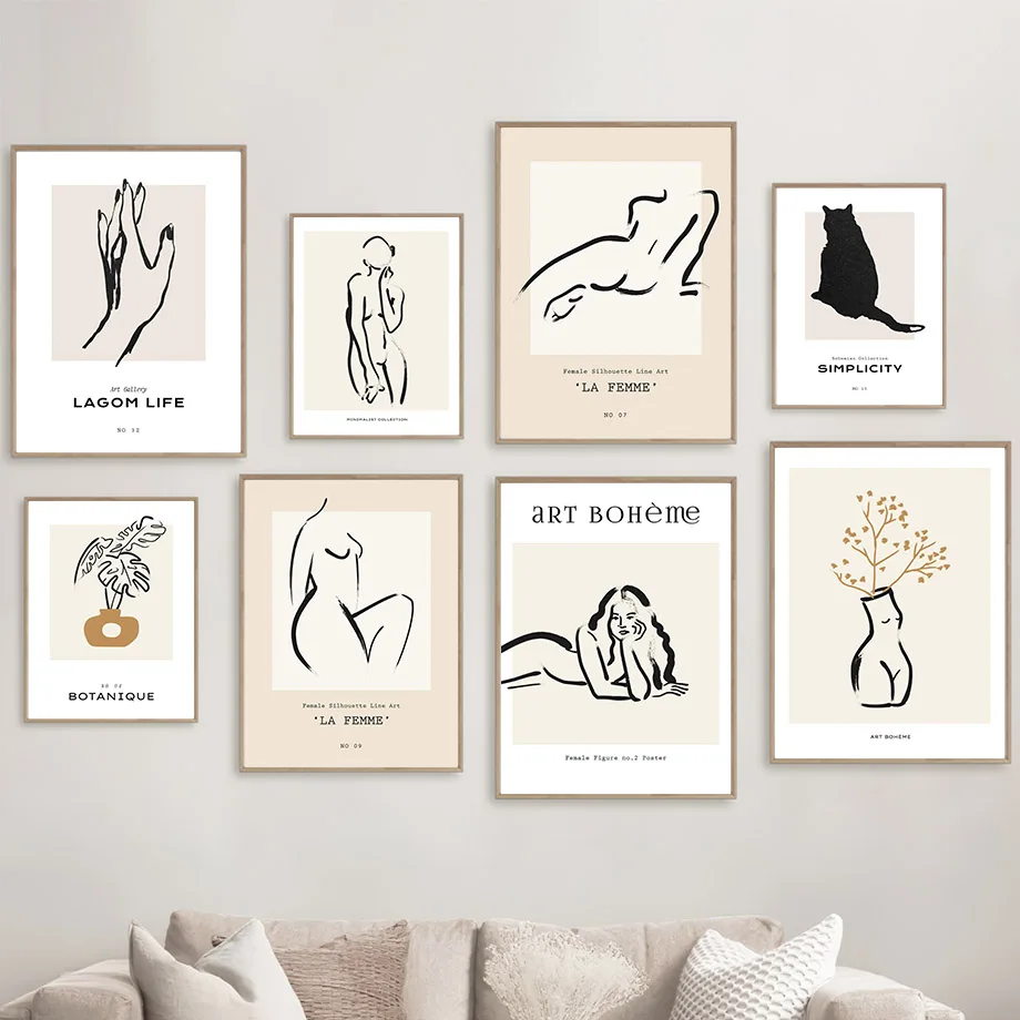 Bohemian Canvas Painting Line Girl Body Flower Black Cat Wall Art Print Living Room Decoration Posters Home Salon Pictures