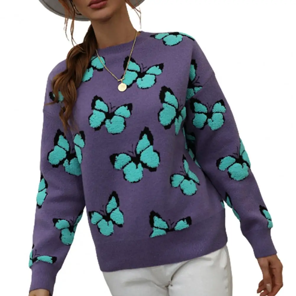 

2022 Thickened Knitted Sweater Autumn Winter Long Sleeve Ribbed Cuffs O-Neck Butterflies Print Sweater Jumper Female Clothing