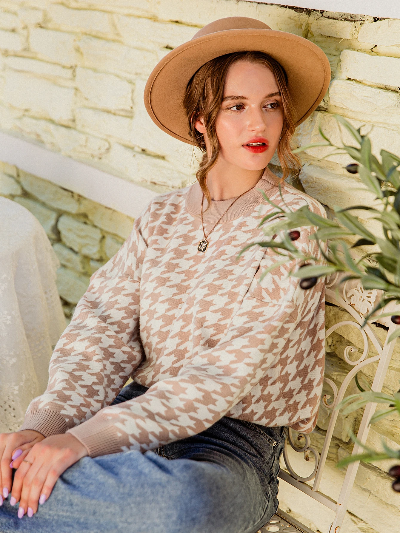 

Women Geometric Khaki Knitted Sweater 2022 Female Clothing Women Casual Houndstooth Pullover Autumn Winter Retro Jumper