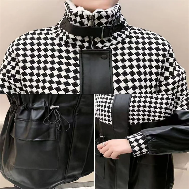 Sheepskin PU Leathe Down Jacket Female Winter 2023 Oversize New In Outerwear Checkerboard Women  Zipper Casual Plush Hooded