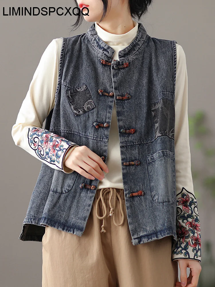 

LIMINDSPCXQQ European Style Womens Loose Patchwork Denim Vest Coat Spring Buttons Casual Sleeveless Clothes Vintage Waistcoats