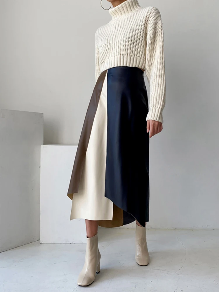 

Casual Two Piece Set Women Round Collar Long Sleeve Knitting Pullover High Waist Aline Midi Skirt Female Sets Korean New