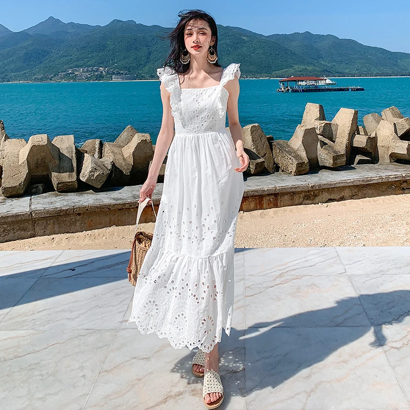 

Hepburn Style Temperament Chic Women Sleeveless Sling Square Neck Fairy Dresses Summer New Casual Holiday White Dress Female