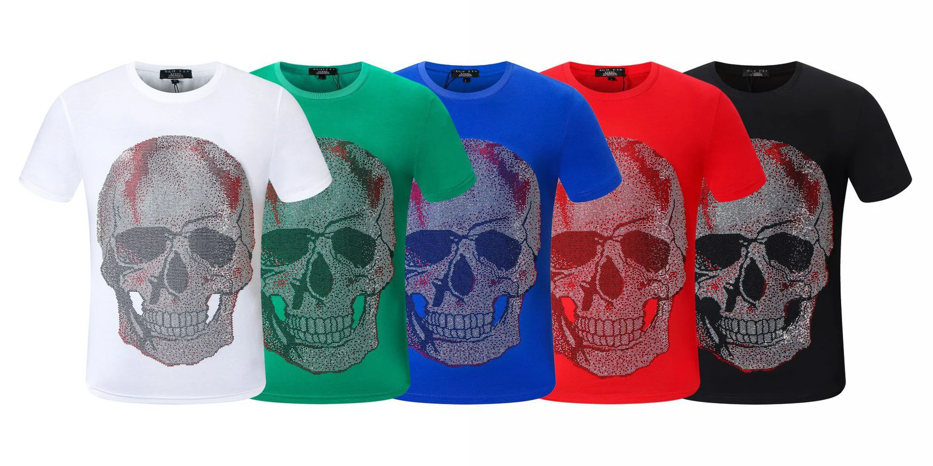 

Men's Casual Short-Sleeve Summermens Round Neck T-Shirt Domineering Personality High-Quality PP Hot Drill Skull Men's T-Shirt