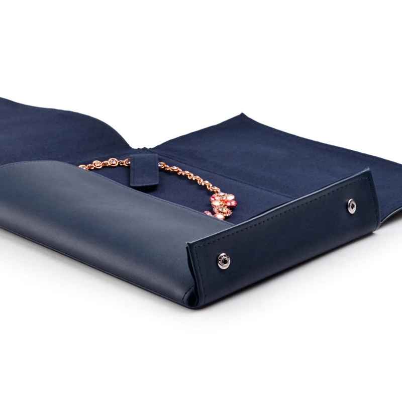 Retro Blue PU Leather Necklace Organizer Bag With Microfiber 17.5X24X2.3Cm Jewelry Display Bag For Women