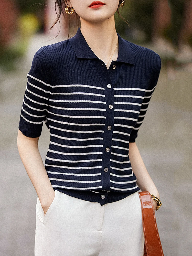 BOBOKATEER Tops Women 2023 Fashion Navy Blue Striped Knitted Tshirts Fitted Polo Collar Buttoned Tee Shirt Fenmne Camiseta Mujer