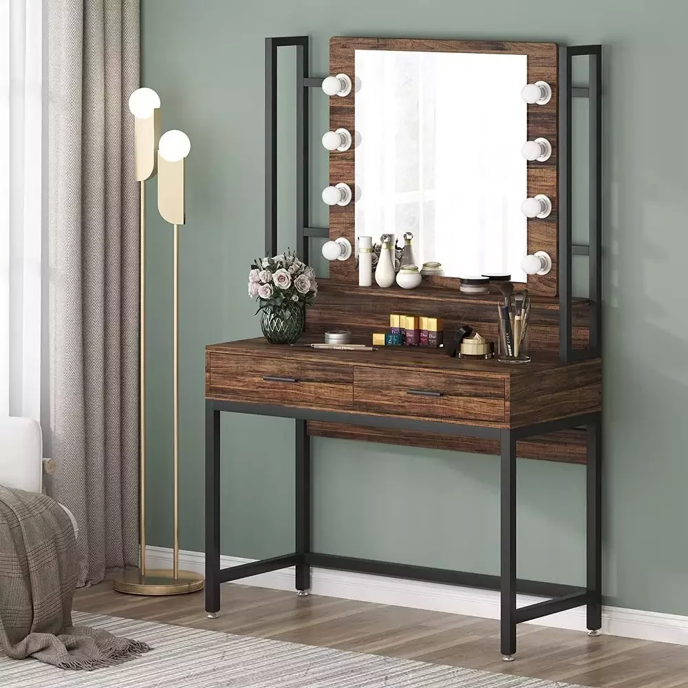 

Makeup Vanity Dressing Table with Mirror, 8 Lights & 2 Drawers - 35.43"(W)*15.74"(D)*61.61"(H)