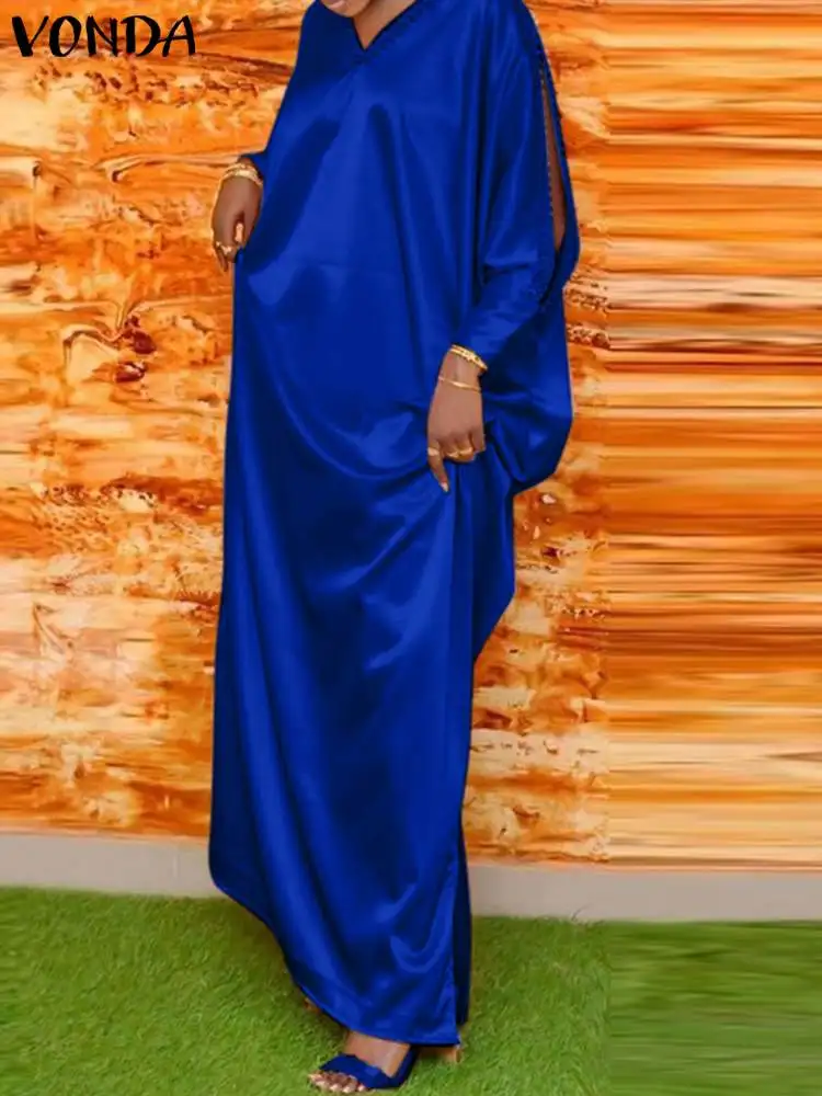 

VONDA элегантное женское платье макси осеннее с V-образным вырезом однотонное женское атласное длинное сарафан 2023 модное повседневное пикантное платье с длинным рукавом