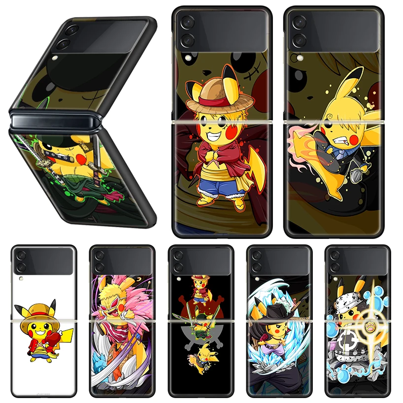 

Pokemon Pikachu One Piece Phone Case For Samsung Galaxy Z Flip 3 5G Black Hard Cover ZFlip3 Luxury Coque Fundas Shockproof Bumpe