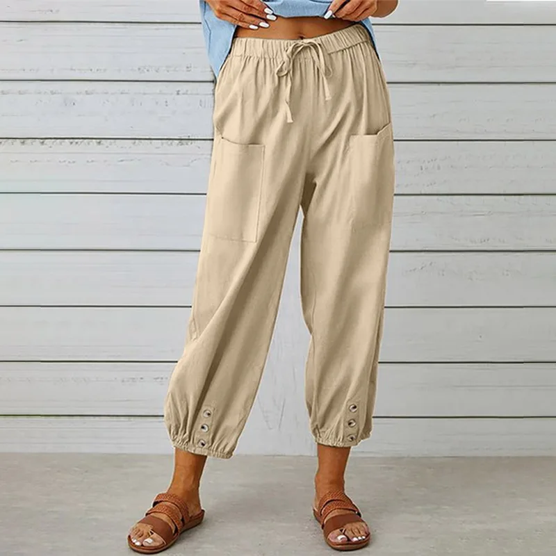 Casual Cotton Linen Wide Leg Pants Women Loose Comfort Elastic Waist Harem Pants Vintage Solid Summer Cropped Pants Trousers