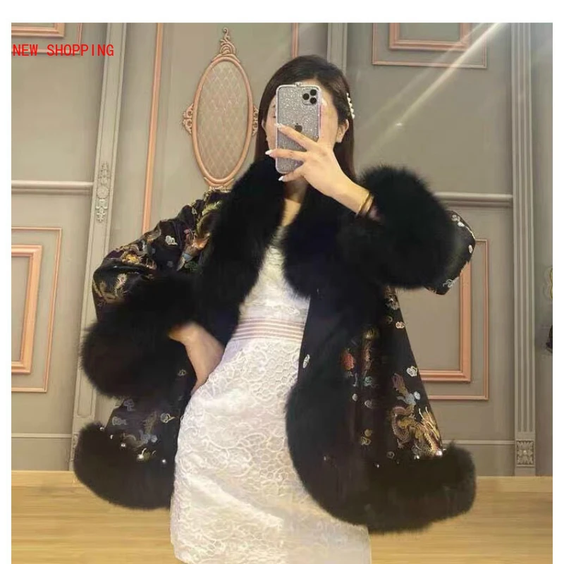 Elegant Faux Fox Fur Coat Thick Warm Winter Jacket Women Female Luxurious Dragon Print Embroidery Elegant Cloak Bead Overcoats