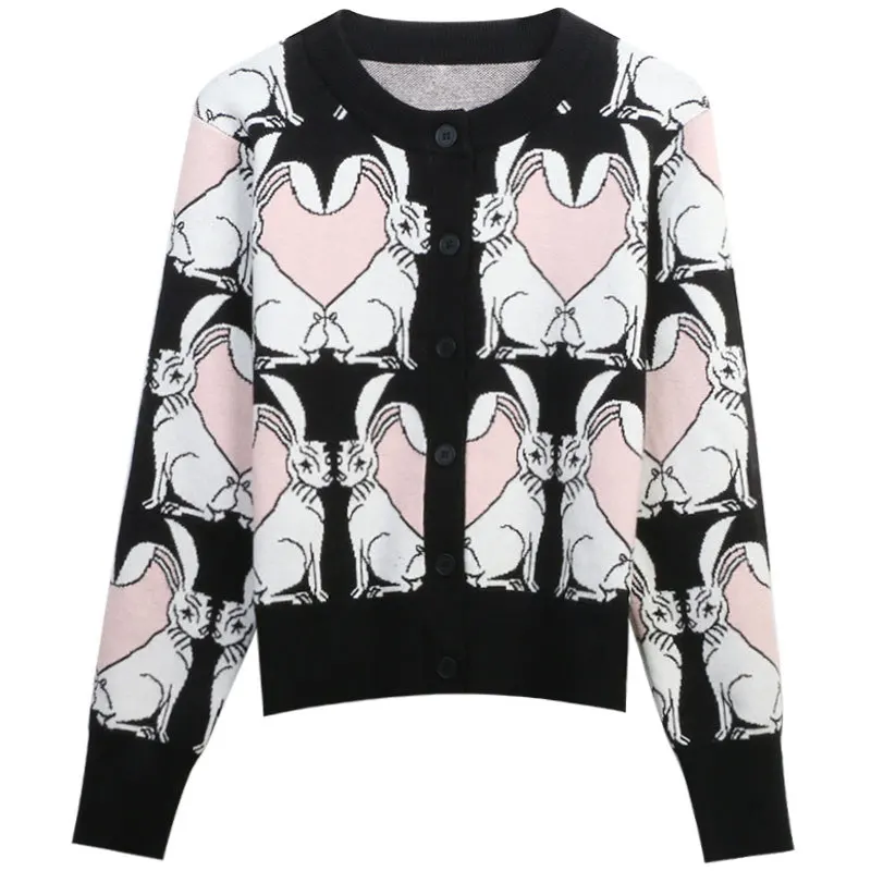 

Black Color Rabbit Jacquard Women Cardigans Sweater Full Sleeves Cartoon Kawaii Jumpers Jackets Clothes