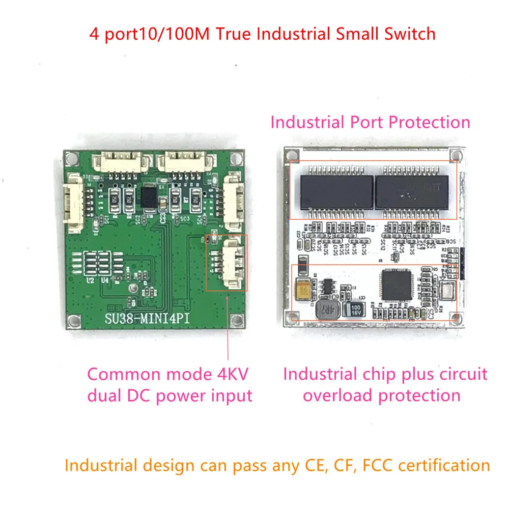 

4 10/100M Industrial Ethernet Switch board 802.3af/AT port power supply 100M switch PD separation buck 12vTemperature-40 to 75℃