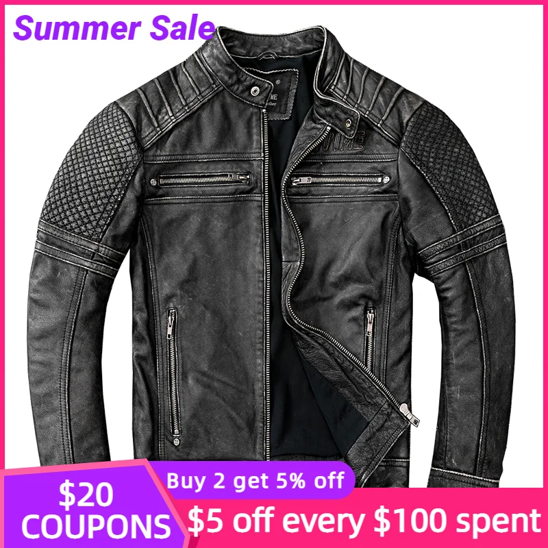 

Мужская винтажная мотоциклетная куртка, черная Весенняя байкерская куртка из натуральной воловьей кожи с воротником-стойкой, модель Φ 4XL, ...