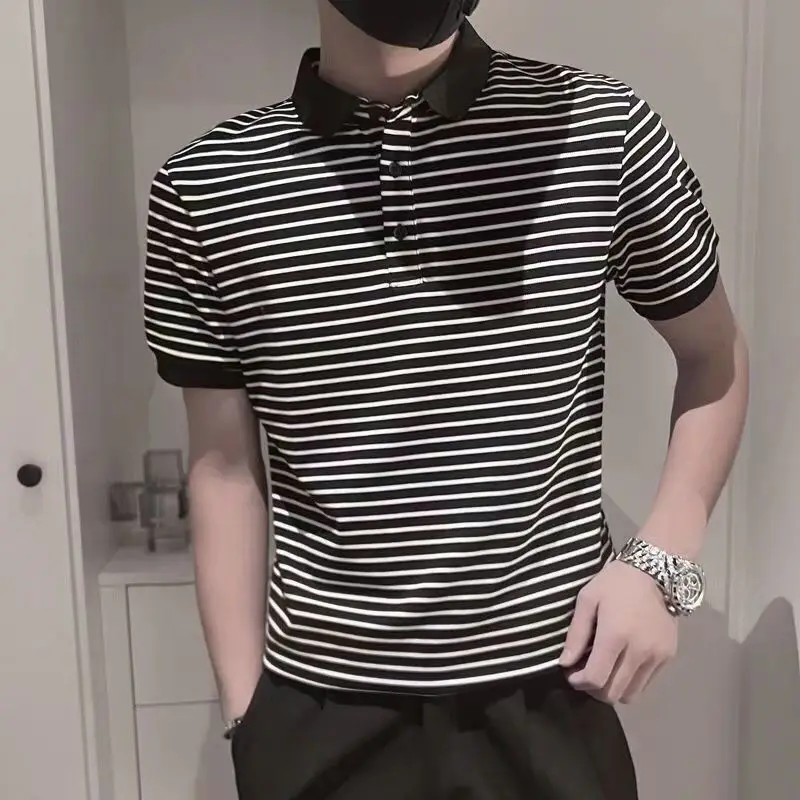 

Рубашка-поло мужская в полоску, Приталенный топ с отложным воротником и принтом, Повседневная Уличная одежда с короткими рукавами, на лето