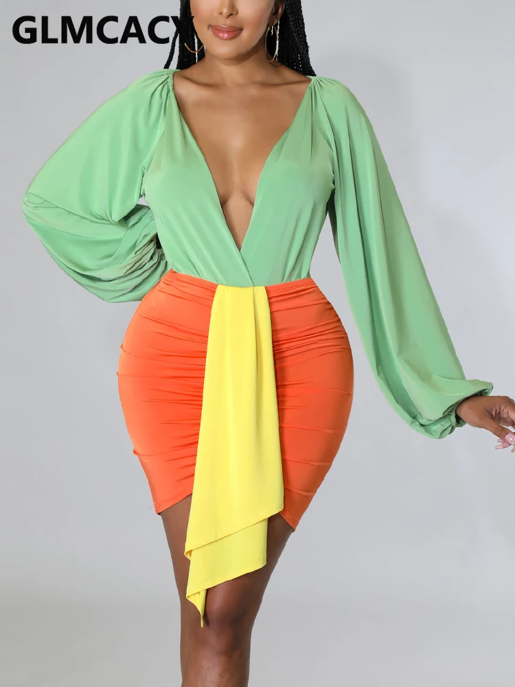 

Женские Элегантные летние пляжные костюмы, комбинезоны с длинным рукавом и V-образным вырезом и облегающая мини-юбка