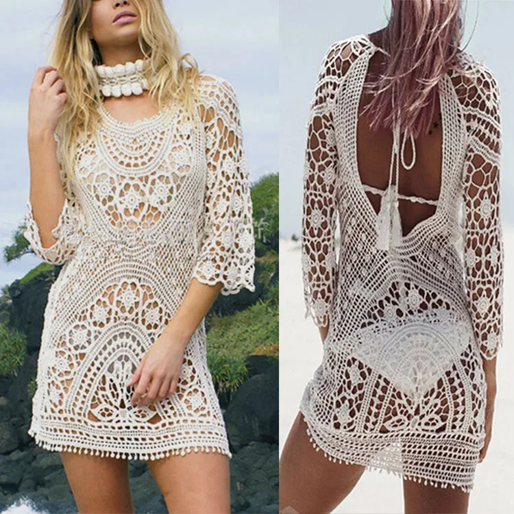 2022 Explosive Beach Vacation Lace Sunscreen Sexy Hollow Hook Flower Backless Bikini Cotton Outer Cover Shirt