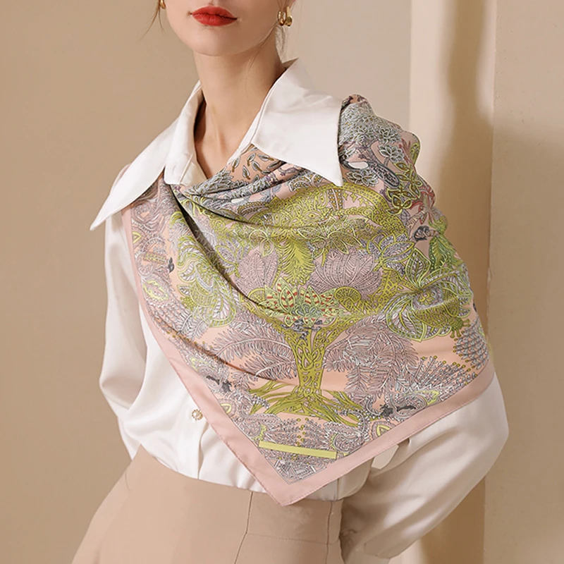 

2022 новый квадратный шелковый шарф, Женский атласный хиджаб с принтом, шарф, Женская шаль, парео, бандана, женский платок 90*90 см