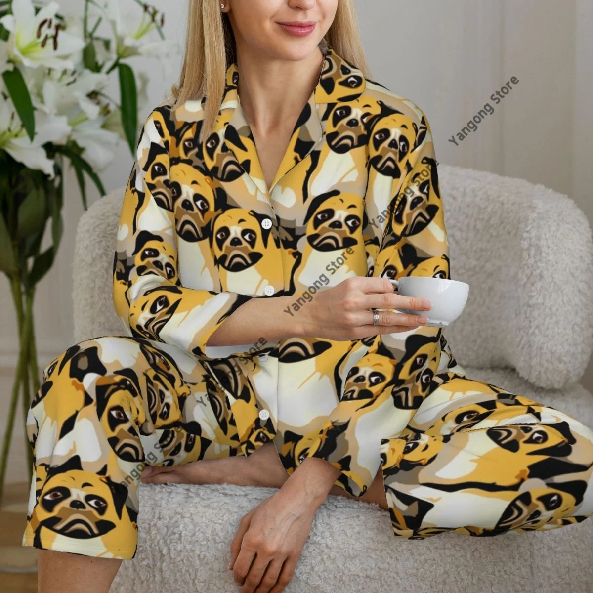 Women Sleepwear Pajamas Pug Dogs Puppies Long Sleeve Pijama Female Set Negligee Cardigan Suit