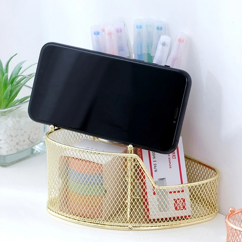 

Exquisite Rose Gold Mesh Pen Holder Triangle-shaped Metal Stationery Storage Holder 3 Compartment for Office Home School K1KF