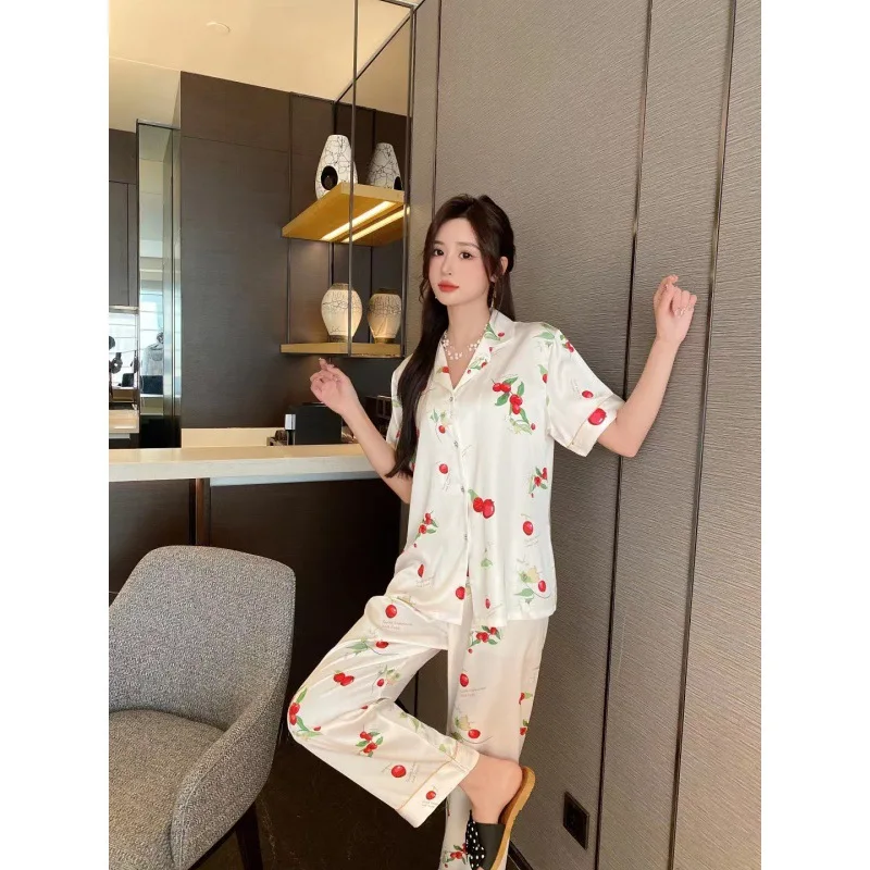 2023 Summer New Ice Silk Pajamas Women Cherry Printed Homewear Short Sleeve Trousers Suit Simple Casual Women's Pajamas
