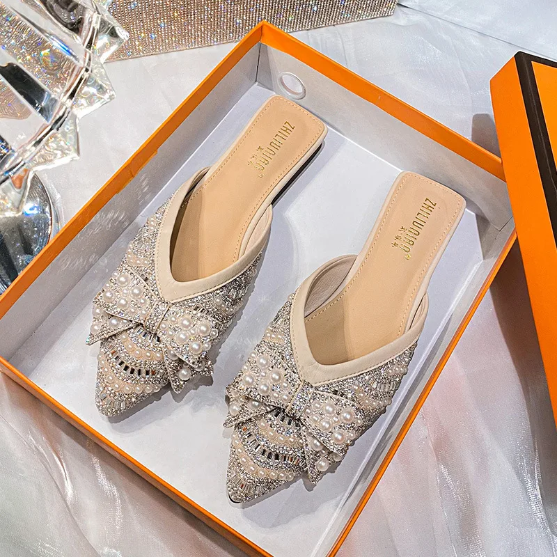 Water Diamond Slippers Summer New Half Slippers Wearing Mules Shoes Outside Flat Sandals Large Women's Shoes Zapatos De Mujer