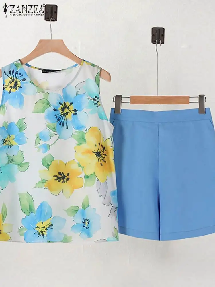 Лето 2024 однотонные шорты ZANZEA комплект из 2 предметов повседневная майка с принтом