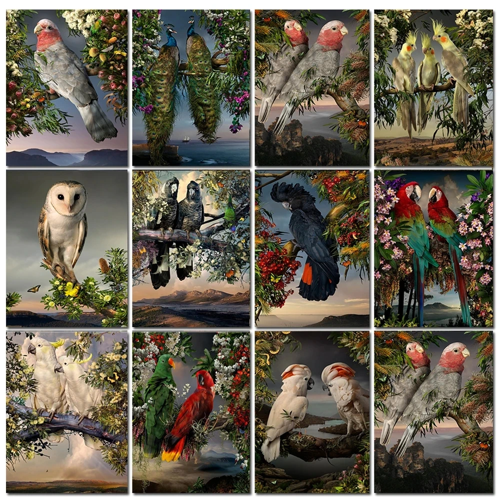 

Алмазная живопись 5D "сделай сам", попугай, павлин, птица, цветы, вышивка крестиком, искусство стены, современный животный пейзаж S811