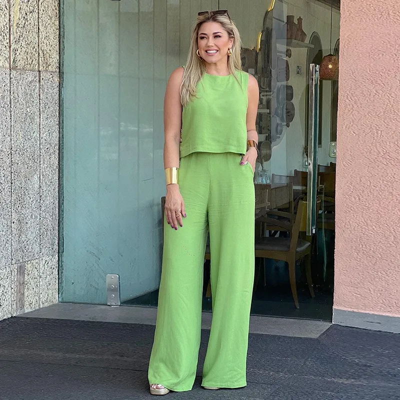 

Women Beach Clothes Free Shipping Dress And Tunics 2023 New Neck Sleeveless Shirt High Waist Leg Pants Suit Solid Polyester